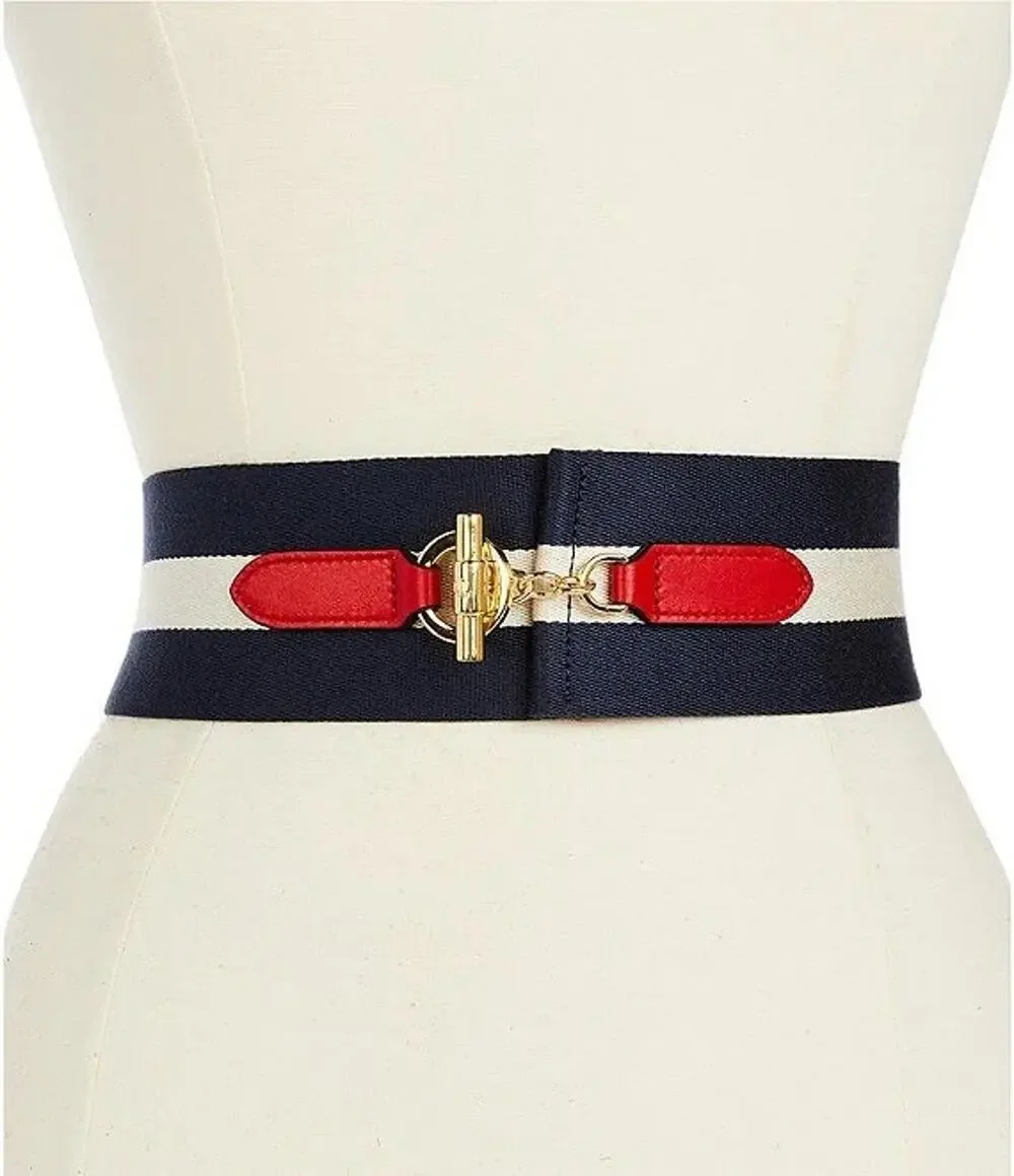 Lauren Ralph Lauren Striped Webbed Wide Belt Toggle Nautical Americana XS